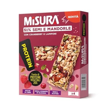 Misura Protein Barretta con Semi, Mandorle, Cranberry e Lamponi| Ricca di Fibre e fonte di Proteine Vegetali | Packaging esterno in Carta Certificata FSC| Confezione da 120 grammi