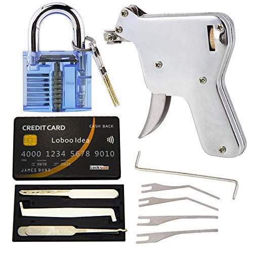 Loboo Idea Pistola grimaldello con carta di credito e lucchetto blu per apriserratura (UP)