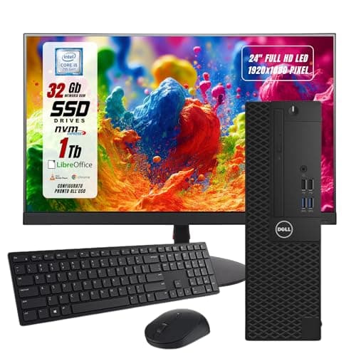 Postazione Completa, Pc Desktop Dell Intel i5-7500 4 Core, Ram 32Gb SSD 1000Gb, Monitor 24" FHD, Win 10 e Libre Office, Compreso di Mouse e Tastiera (Ricondizionato)