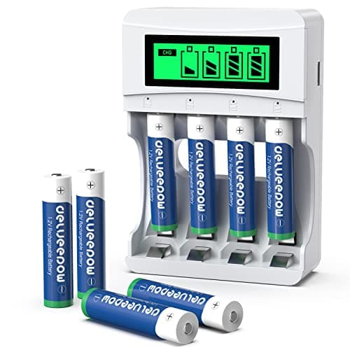 Pile Ricaricabili AAA con Caricatore, Delyeepow 8 Pezzi 1100 mAh 1.2V Ni-MH Batterie Ricaricabili AAA, con Caricatore Intelligente LCD Caricabatterie 4 slot Indipendente Ricarica Rapida USB
