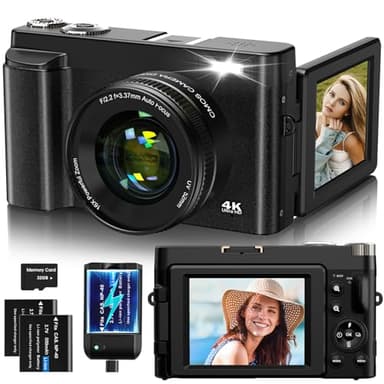 Fotocamera Digitale 4K,48MP Autofocus Videocamera per Vlogging con scheda di Memoria da 32G Zoom Digitale 16X,Fotocamera Digitale Compatta con schermo ribaltabile da 3'' a 180° e caricabatterie