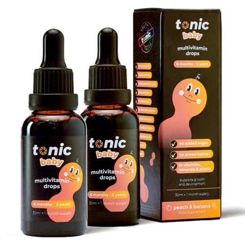 Tonic Health Gocce multivitaminiche per bambini, 14 vitamine A, C, D, minerali e piante, senza zucchero/conservanti, vitamine per bambini da 6 a 36 mos per crescita e sviluppo, pesca e banana, 30 ml