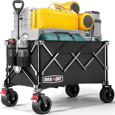 Overmont Carrello da Giardino Pieghevole con Ruote - Carrello da Spiaggia per Tutti i Terreni - Capacità Carico 150kg 150L per Festival Campeggio Picnic Sport Shopping Nero