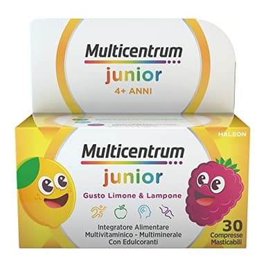 Multicentrum Junior Integratore alimentare Multivitaminico Completo, apporto completo formulato per i bambini 4+, Senza Glutine, Gusto Limone e Lampone, 30 Compresse Masticabili