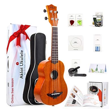 AKLOT Ukulele Soprano Uke Solido Mogano 21" Ukelele Con Corso Gratuito Online Starter Kit per Principianti Professionale Bambino Adulti (Sintonizzatore,Borsa ,Picconi,Cinturino ,Corda)