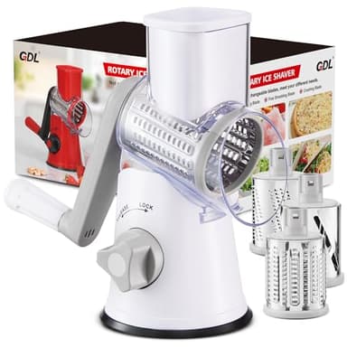 GDL Tritaghiaccio, Tritaghiaccio Macchina per Granite con 3 Lame a Tamburo, Trita Ghiaccio Taglio Rapido, Macchina Tritaghiaccio Manuale per Gelati, Frullati, Cetrioli, Carote, Formaggio (Bianco)