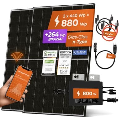 Solarway® Centrale elettrica da balcone da 880 W, 800 W, presa completa, inverter da 800 Watt, impianto solare, set completo da 440 W, pannelli solari bifacciali & Envertech e accessori