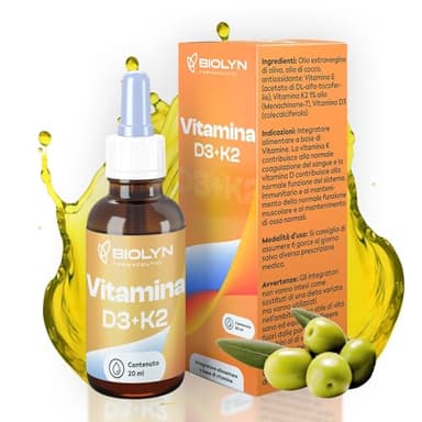 Biolyn Farmaceutici - Vitamina D3 K2 Gocce di Alta Qualità - Naturale - 1 Anno di Trattamento - Flacone da 20 ml in Gocce