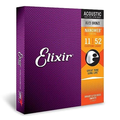 Corde per chitarra acustica bronzo 80/20 Elixir Strings con rivestimento NANOWEB, Custom Light (.011-.052)