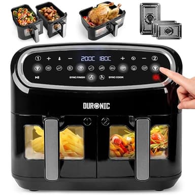 Duronic AF34 BK Friggitrice ad Aria XXL | Air Fryer 2400W Compatta | Doppio Cestello 5L e Grande Cestello 10L | 10 Programmi | Finestra di Controllo | Cottura sincronizzata | Friggitrice no olio