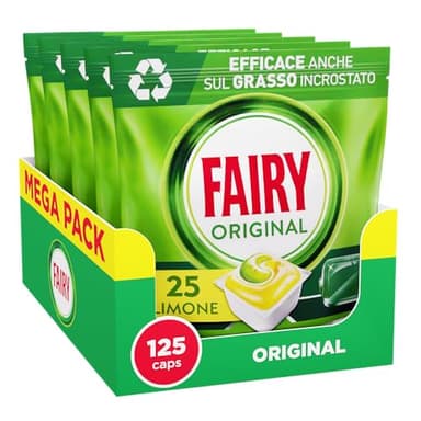Fairy Original Pastiglie Lavastoviglie, Detersivo Lavatoviglie al Limone, 125 Lavaggi, 5x25 Capsule Lavastoviglie, Azione Pulente al Primo Lavaggio, Efficace sul Grasso Incrostato con Azione Brillante