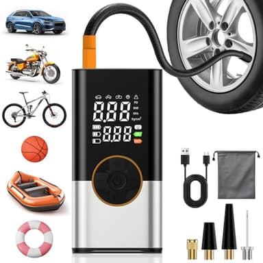 BOOTEEK Compressore Aria Portatile,Pompa Elettrica per Bicicletta 150PSI,Mini Compressore con Manometro e Luce LED,Gonfiatore Bici Elettrico con 5 Ugelli Diversi per Auto Bici Moto Scooter Palla