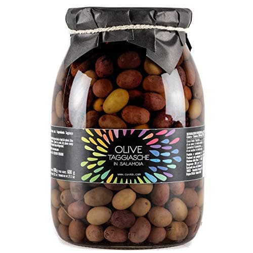 Olive taggiasche in salamoia Cuvea vaso peso netto 1 kg (sgocc. 600 g) - Solo Olive taggiasche della Liguria, acqua e sale - Ricetta semplice: senza conservanti né coloranti né correttori di acidità