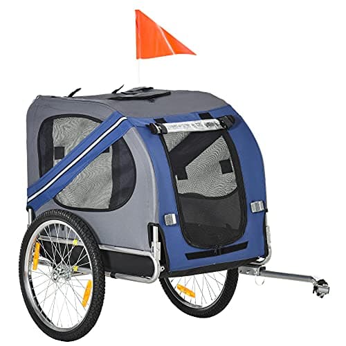 PawHut Rimorchio da Bicicletta per Cani e Gatti 2 Grandi Ruote da 50cm Buona Ventilazione Bandiera di Sicurezza Resistente alle Intemperie Blu e Grigio Acciaio e Tessuto Oxford