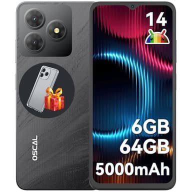 OSCAL Flat 2C Smartphone Android 14, 6GB+64GB/2TB-TF, Octa Core, 6.56" HD+ Telefono Cellulare, 5000mAh, 13MP+8MP, 4G Dual SIM Cellulari 3 Slot/Face ID/OTG/GPS/3.5mm Jack Nero