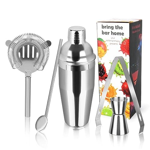 750 ML Shaker, 5 Pezzi Shaker Cocktail Set Kit da Barman in Acciaio Inox, Professionale Barman Set, con Colino, Jigger, Cucchiaio, per Miscelare Bevande, Casa, Bar, Feste (Argento)