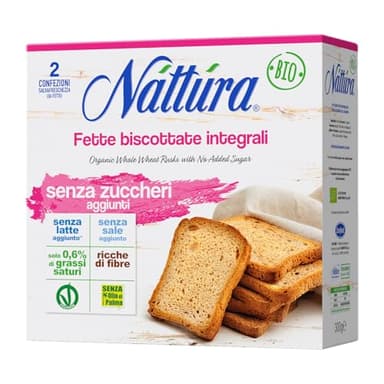 NATTURA Fette Biscottate Integrali Senza Zuccheri, Ricche di Fibre, Senza Latte, Senza Olio di Palma, di Bassi Grassi Saturi, Senza Sale, Prodotto Vegano, 300 g