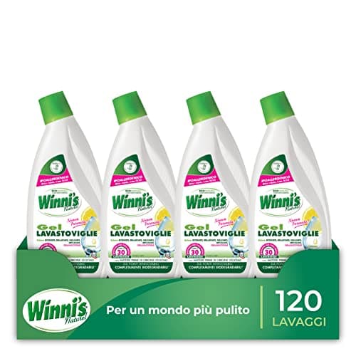 Winni's - Detersivo Gel Lavastoviglie Ipoallergenico, 120 Lavaggi, Azione Detergente, Sgrassante e Brillantante, Fragranza di Limone, con Materie Prime di Origine Vegetale, 750 ml x 4 Confezioni