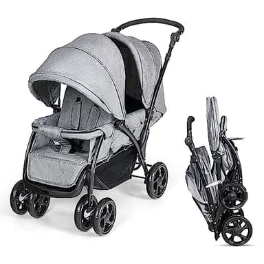 LIFEZEAL Passeggino Gemellare, Doppio, Carrozzina per Bambini, Passeggino da Viaggio, Leggero, Pieghevole, Compatto, Regolabile, Portatile, Reclinabile, Comodo, Max 30 kg, 123x57x95-110 cm (grigio)