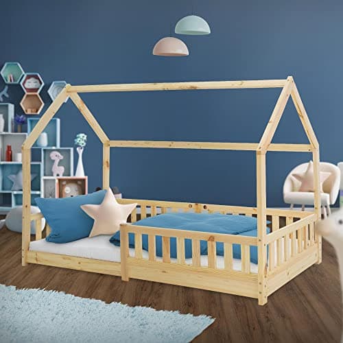 ML-Design Letto a Forma di Casa per Bambini 90 x 200 cm con Protezione Anticaduta Rete a Doghe Legno di Pino Naturale Lettino Casetta Bimbi Robusto e Facile da Montare Peso Supportato 120 kg