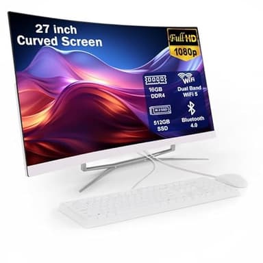 All-in-One PC with 27-Inch Curved Display, Celeron N100 (Up to 3.4GHz), 16GB RAM, 512GB SSD, Dual Band WiFi, Bluetooth 4.0, USB 2.0*2, USB 3.0*4, LAN*1, HDMI*1, Audio*1, VGA*1, Complete with