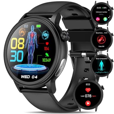 Orologio Smartwatch Uomo Donna 𝐆li𝐜𝐞𝐦𝐢𝐚 ECG+HRV/acido urico/BMI,1,4”con funzione telefono,pulsante SOS/pressione sanguigna/affaticamento/rilevamento delle emozioni/sonno,per Android iOS-nero