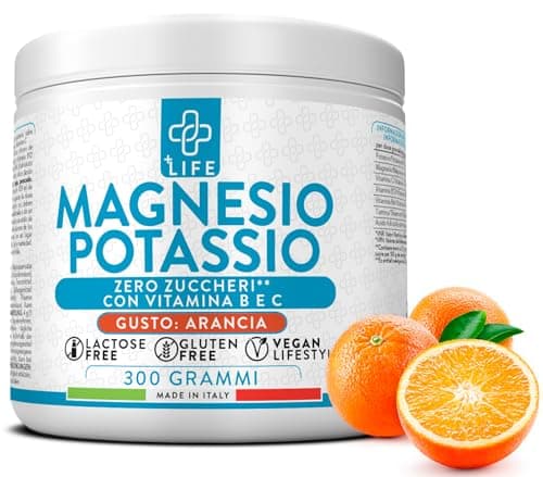 Magnesio E Potassio Senza Zucchero 300g Arancia PiuLife® Con Vitamina B12, B6, B1, Acido Folico, Vit C, Energia Integratori Stanchezza, Sali Minerali, Muscoli, Sistema Nervoso, Magnesio In Polvere