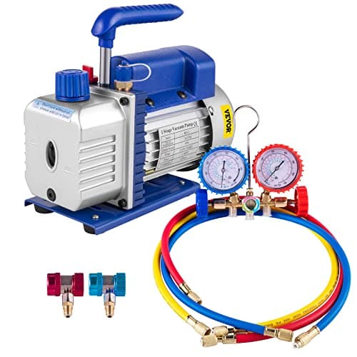 VEVOR Pompa per Vuoto 3CFM 1/4HP, Pompa a Vuoto per Refrigerazione da 85 Lt/min con Manometro AC/DC, Pompa a Vuoto R12, R22 o R134a
