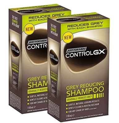 Just For Men Control GX - Shampoo riducente per capelli grigi, con olio di cocco e aloe vera, nuova formula migliorata, tutte le sfumature, 118 ml x 2 unità - Pack Promoo