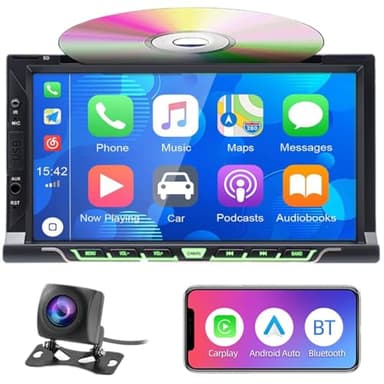 Autoradio Double Din da 7" per Wireless CarPlay & Android Auto, lettore CD/DVD per auto con display touchscreen, Bluetooth, telecamera posteriore, RDS/AM/FM, Mirror Link, Subwoofer, USB/AUX/SWC/DSP