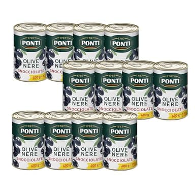 Ponti, Olive Nere Snocciolate, Ideali da Aggiungere ad Insalate e Pizze, Ottimi anche come Antipasto, dal Sapore Ricco e dalla Consistenza Succosa, 100% Made in Italy, 12 vasi 400 g