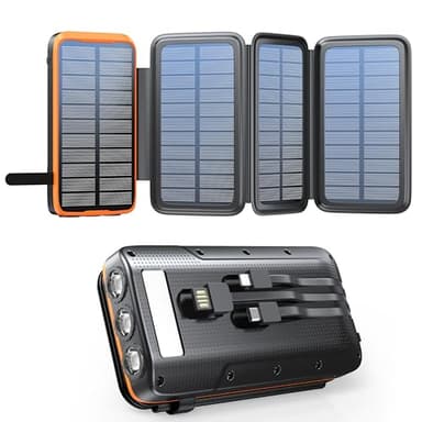 Powerbank solare 27000 mAh, caricatore solare con 3 cavi QC4.0 22,5 W, USB C 20 W, funzione di ricarica rapida, con 4 pannelli solari e 3 torce a LED per smartphone, tablet, campeggio