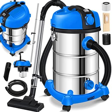 Masko® Aspirapolvere industriale, in acciaio inox, 2300 W + presa di corrente, aspirazione a secco e a umido, funzione di soffiaggio, Push&Clean, con e senza sacchetto, Blu