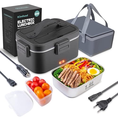 Kimfead Scaldavivande Elettrico Portatile 80W Lunch box elettrico 1,8L PortaPranzo Elettrico 12V/24V/230V Acciaio Inox Rimovibile Auto/Camion/Ufficio, Borse(1.8L-Nero)