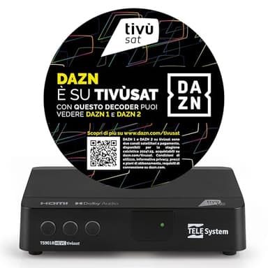 Tele System Decoder Satellitare TS9018HEVC Tivùsat HD Classic: Accesso a Oltre 70 Canali HD Gratuiti, Serie A su DAZN1 e DAZN2, Aggiornamento Automatico Canali - Smartcard Inclusa