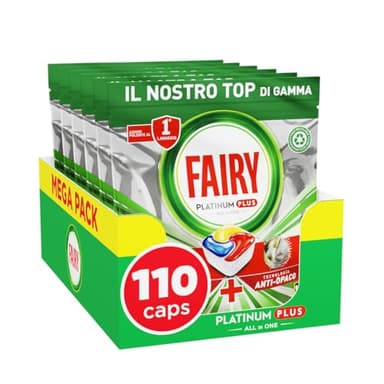 Pastiglie Per Lavastoviglie Fairy Platinum Plus Tutto In Uno Limone, 5 x 22 Capsule, La Migliore Pulizia Fairy Come Nuovo, Rimuove L’opacità E Previene Il Calcare