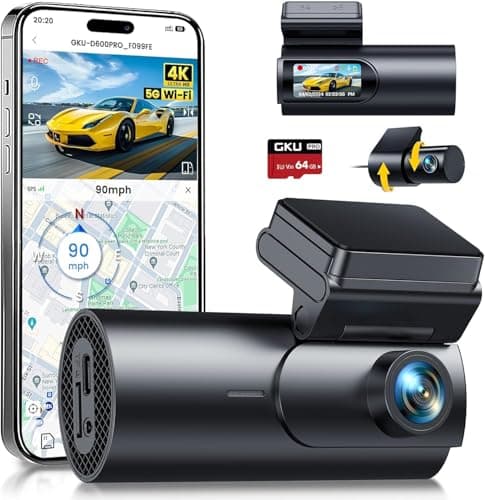 GKU 4K Dash Cam Auto, 5GHz WiFi e GPS, Doppia Telecamera per Auto, Mini Dashcam IPS 1.5" con Scheda SD 64G, 24H Monitor di Parcheggio, Visione Notturna, WDR, Grandangolo 170°, Sensore G, Controllo App