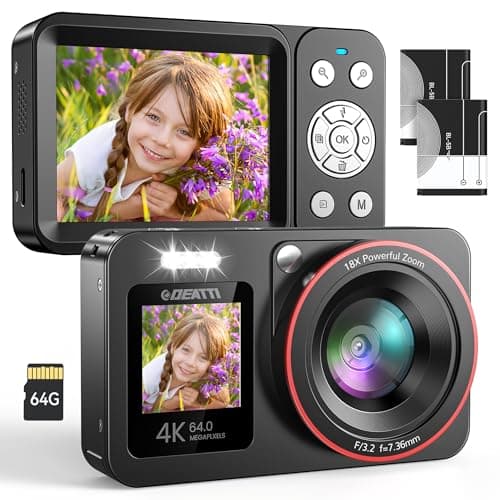 DEATTI Fotocamera Digitale 4K 64MP FHD Macchina Fotografica Digitale 18X Zoom Fotocamere Digitali Compatte con Scheda 64GB con 2 Batteries, 2,4" LED Bambini Studenti Principianti, Nero