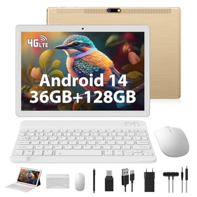 WOREGOO 10 pollici Android 14 Tablet, con 4G LTE e WiFi 5G, 36 GB RAM + 128 GB ROM (512G TF), Octa-Core 2.0 GHz,8000 mAh/5 MP+8 MP/Bluetooth 5.0/GMS, Tablet con tastiera, mouse, custodia, Oro