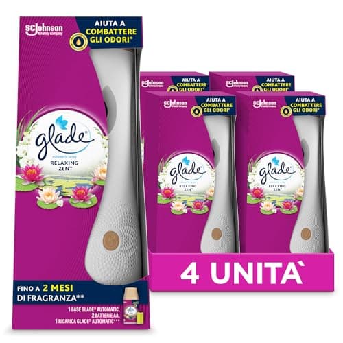 Glade Automatic Spray, Profumatore per Ambienti, Fragranza Relaxing Zen, 4 Diffusori e 4 Ricariche 269 ml, 8 Pile AA
