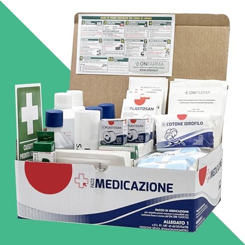 ONFARMA KIT DI REINTEGRO COMPLETO DI CARTELLO PRIMO SOCCORSO ricambio per cassetta medica pacco di medicazione SENZA MISURATORE DI PRESSIONE per aziende con 3 o più lavoratori D.M. 388 all.1
