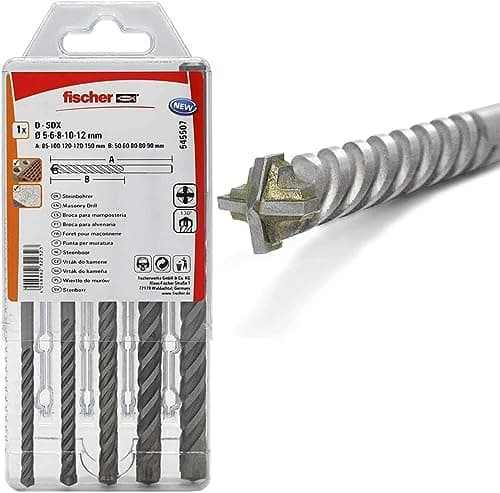 Fischer Kit 5 Punte Trapano D-SDX Quattro Taglienti, 5-6-8-10-12 mm, per Fori Definiti e Circolari su Muro e Pietra, Placca in Carburo di Tungsteno, attacco Cilindrico (non SDS)