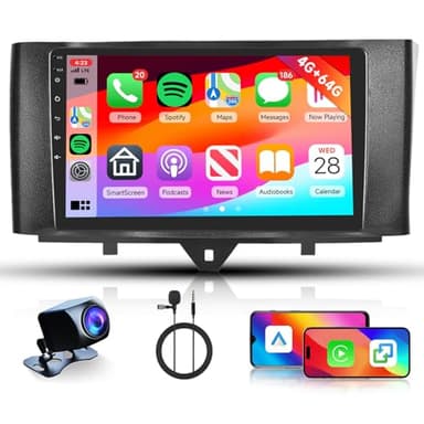 4GB+64GB Android Autoradio per Mercedes Benz Smart Fortwo 2011-2015 Carplay Android Auto Wireless, Hodozzy 9 Pollici Touch Screen Auto Stereo 2 Din GPS, Bluetooth, WiFi, DSP FM/RDS Radio+ Retrocamera