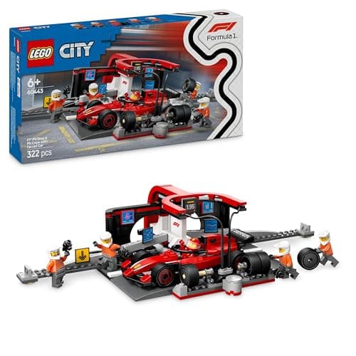 LEGO City Pit Stop e Meccanici con Monoposto Ferrari F1 - Idee Regalo di Pasqua per Bambini e Bambine da 6 Anni Fan delle Auto da Corsa - Officina con Macchina Giocattolo, Minifigure e Accessori 60443