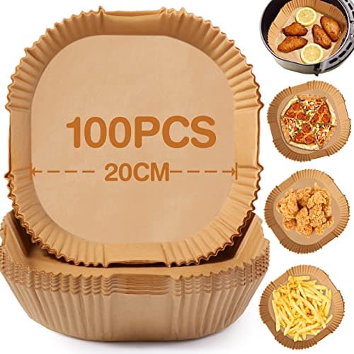 Diboniur Carta Forno per Friggitrice ad Aria 20cm, 100Pz Fogli per Friggitrice ad Aria, Antiaderente Usa e Getta Carta Forno per 5-8L Air Fryer, Forno, Padelle, Microonde (Quadrati)
