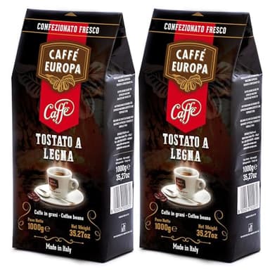 Caffe Europa in Grani - Caffè in Grani Tostato a Legna, Caffè dal Gusto Delicato, Aroma Intenso, Miscela 70% Arabica - 30% Robusta, 2 Confezioni da 1Kg