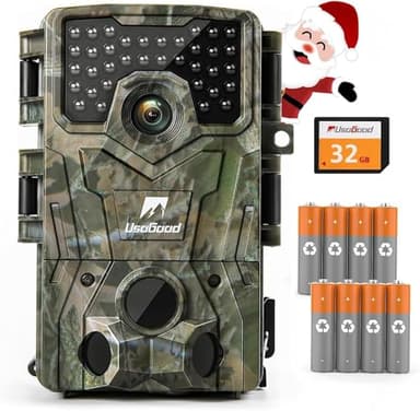 usogood 4K Fototrappola, Fotocamera da Caccia con Visione Infrarossi, Sensore di Movimento 120°, Impermeabile IP66, Cattura Fauna Selvatica Include Batterie AA e Memoria 32GB