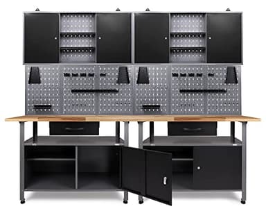 Ondis24, attrezzatura per officina e banco da lavoro grigio TÜV/GS, 2 armadietti portautensili TÜV/GS chiudibili a chiave, parete forata per strumenti con 22 ganci, 240 x 60 x 202 (altezza) cm