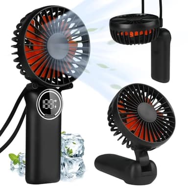 LtYioe Mini ventilatore portatile da tavolo, ricaricabile con display a LED, pieghevole a 180°, con cordino come ventilatore da collo, vento forte e 6 velocità, per Viaggi Casa Esterno Ufficio (Nero)