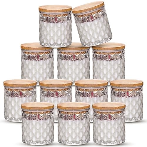 NiHome Set di 12 barattoli in vetro goffrato con coperchio in bambù, per la produzione di candele votive, per la conservazione della casa e portacandele – vetro trasparente, motivi squisiti e coperchi